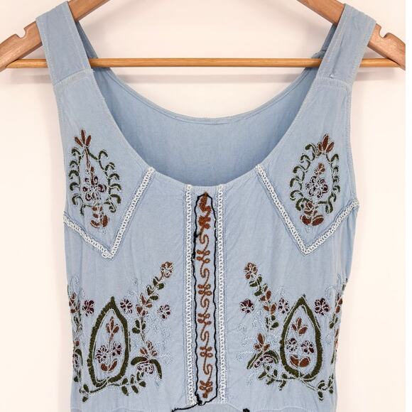 Sky Blue Embroidered Cotton Boho Tie Back Sleeveless Midi Dress Size S - Picture 2 of 6